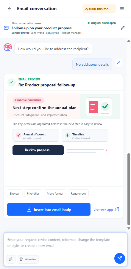 EasyAImail browser extension showing a generated HTML email with revision and insertion controls