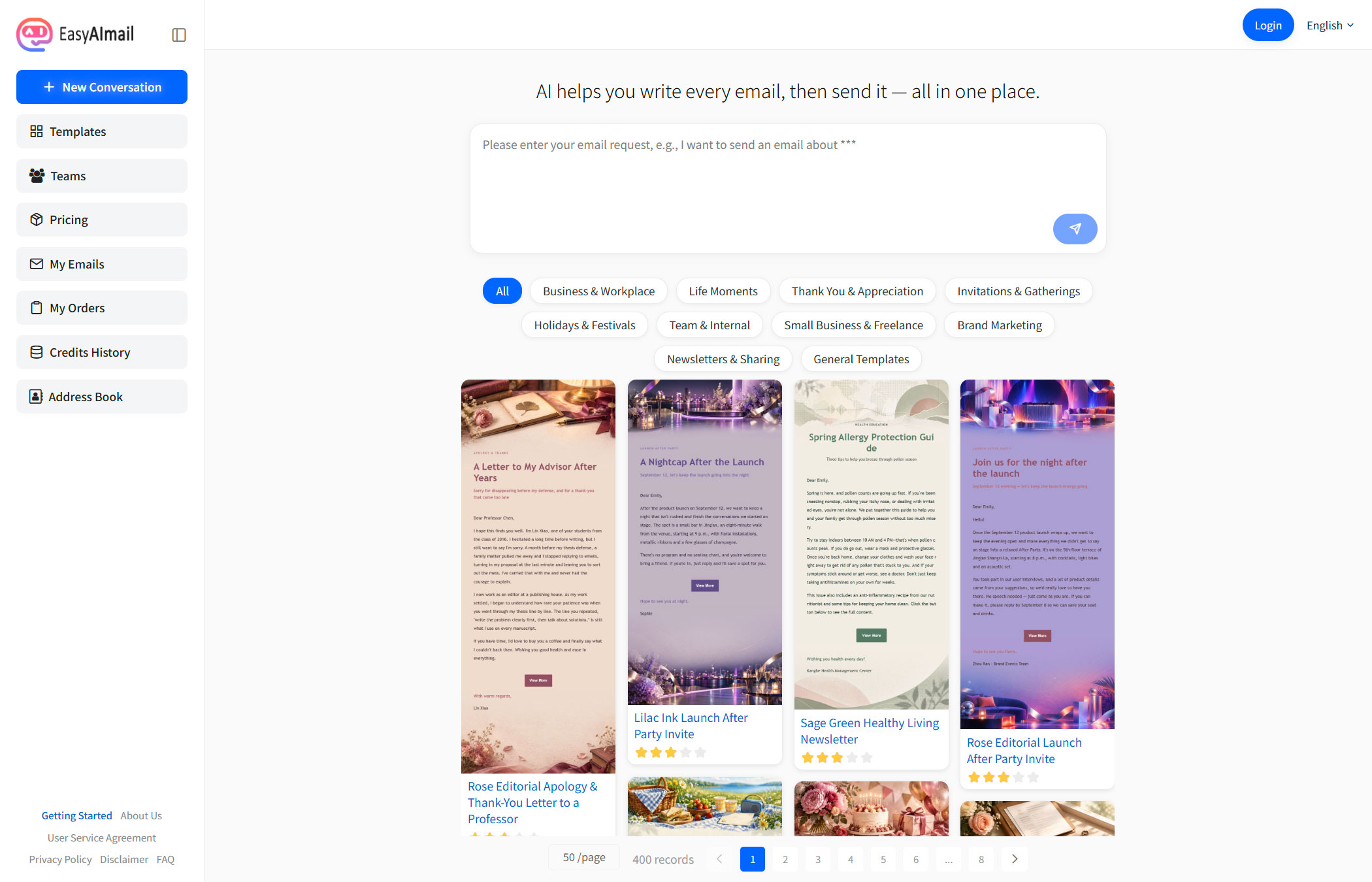 EasyAImail requirement input, template selection, and final email preview interface